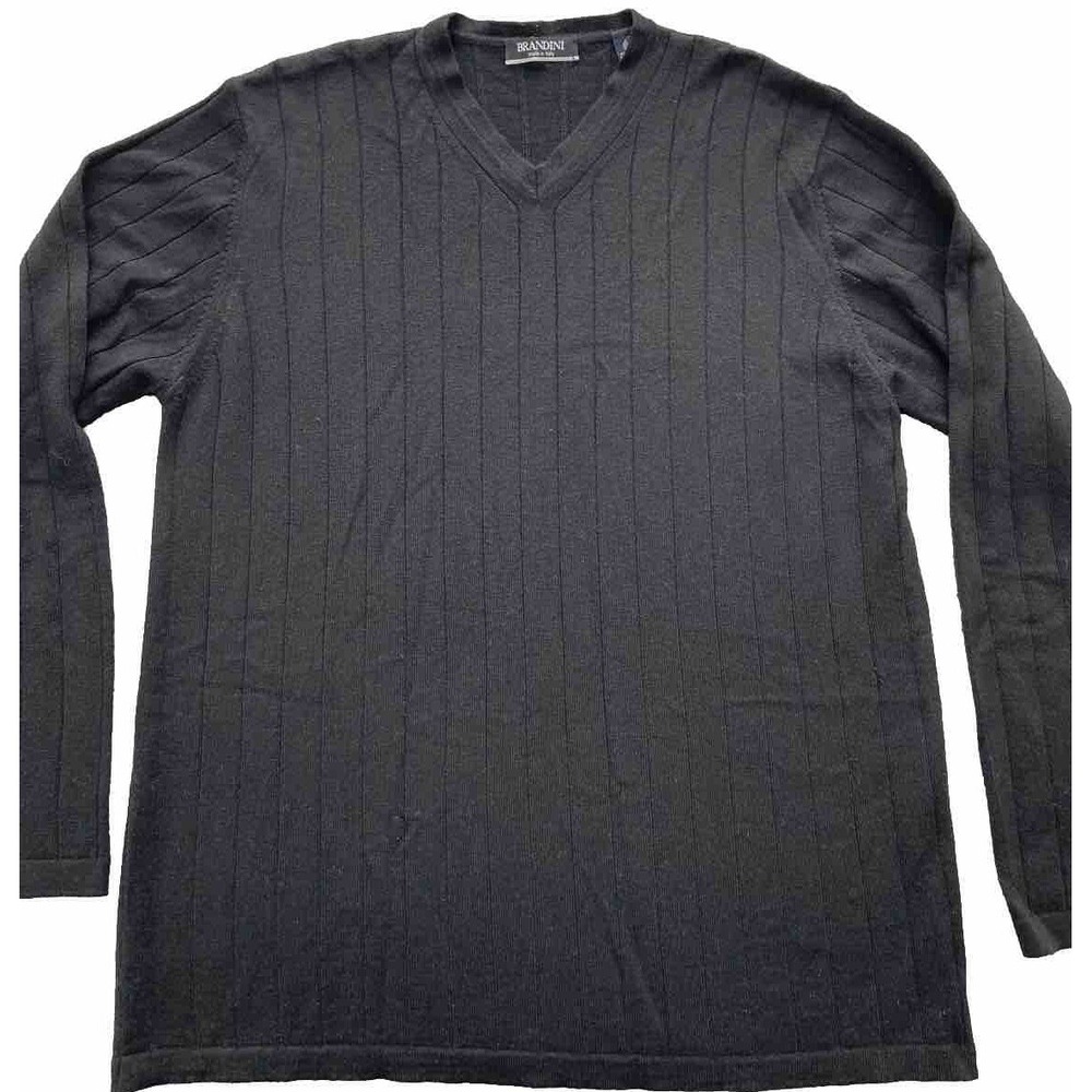 Brandini Italy Mens Sweater Size M Black Fine Merino Wool Ribbed Corporate Goth